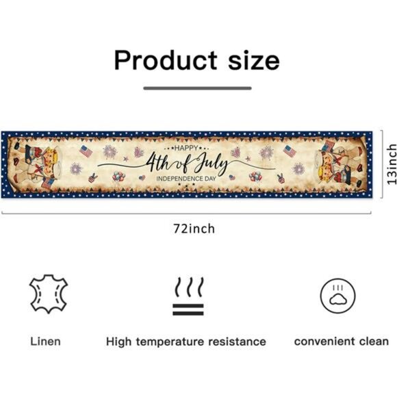 Vintage 4th of July Table Runner Linen Independence Day Party Table Decor 13x72 - Picture 3 of 8